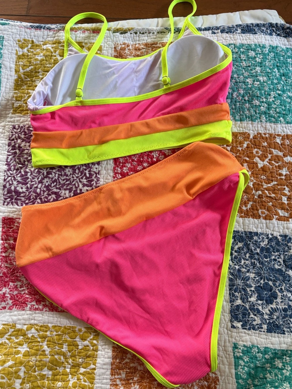 NWOT POPVIL Neon Pink & Orange High-Waist Two-Piece Bikini with Lime Trim - Picture 5 of 5